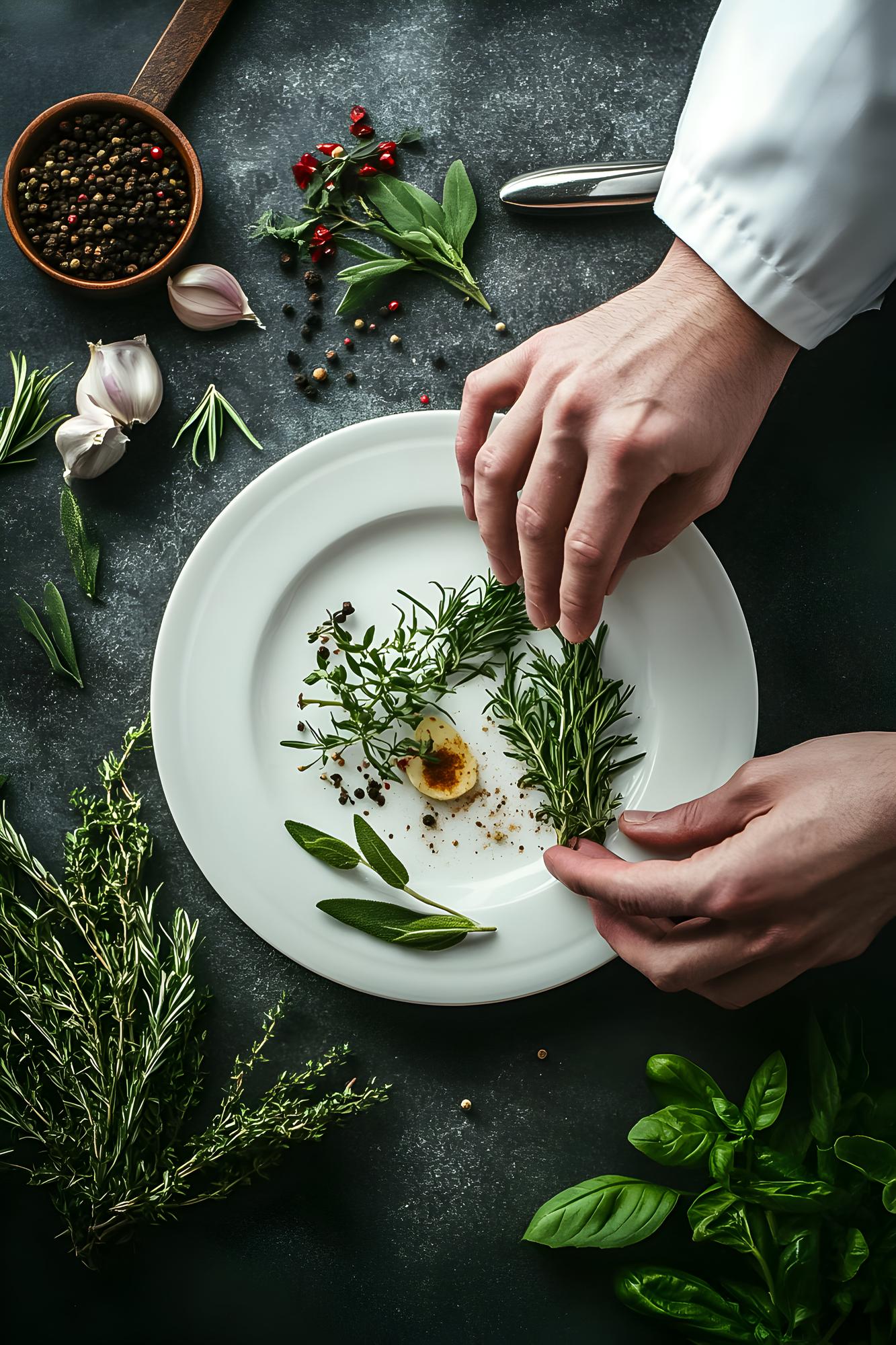 Chef arranging a plated dish on a wooden table