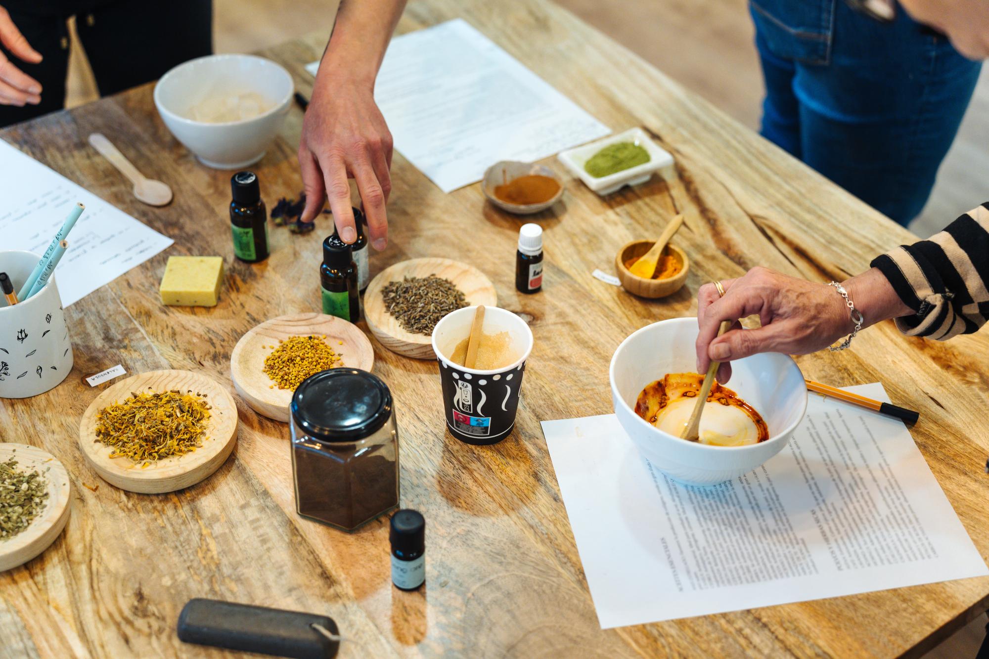 Workshop table with ingredients and notes